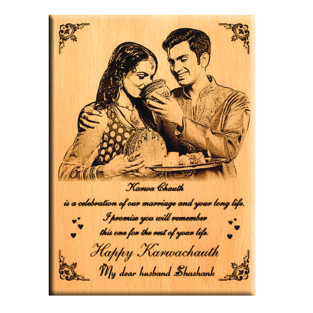 Giftanna Karwachauth sepcial customized wooden engraved photo plaque for husband  (7x5 inches )